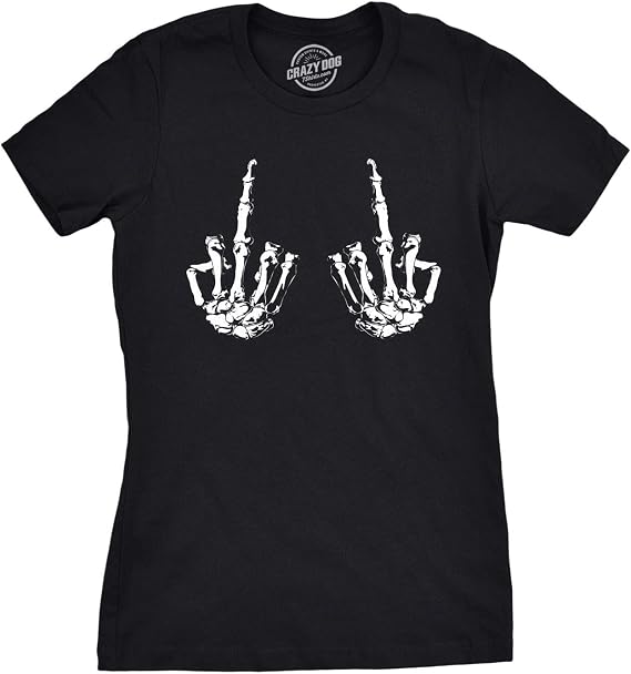 Halloween Womens T-Shirt Bones Skeleton Hands Middle Finger Tees - skull tshirt