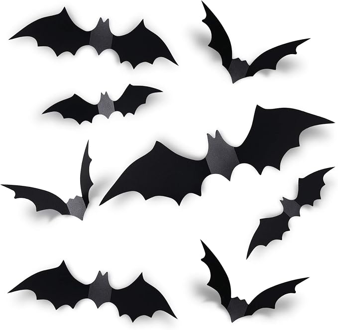 Coogam 60PCS Halloween Bats Decoration, 4 Different Sizes Realistic PVC Black 3D Scary Bat Sticker for Home Decor DIY Wall Decal Bathroom Indoor Hallowmas Party Supplies - skull wall art