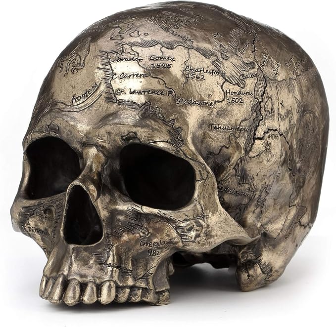 Veronese Design Bronze Finish Craniumography Old Treasure Map On Skull Statue - skull figurine