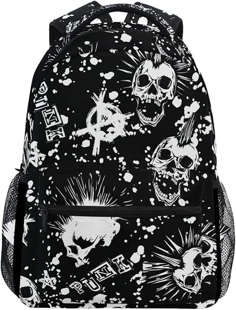White Punk Skull Mohawk Hair Black Vintage Backpacks Bookbags Daypack Travel School College Bag for Womens Mens Boys - skull backpack