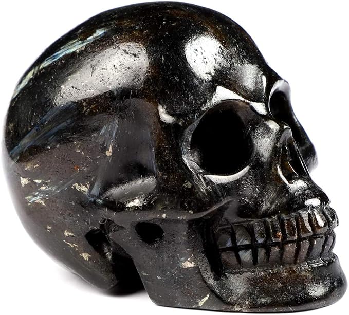 Skullis 2.0” Russian Arfvedsonite Crystal Skull, Hand Carved Gemstone Fine Art Sculpture, Reiki Healing Stone Statue. - skull figurine