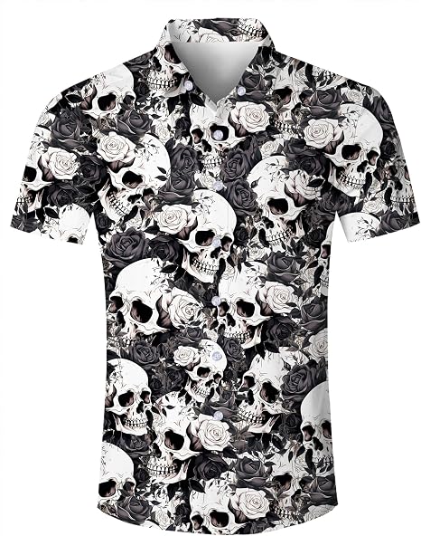 RAISEVERN Mens Hawaiian Shirt Casual Summer Button Down Short Sleeve Shirt - sugar skull dress