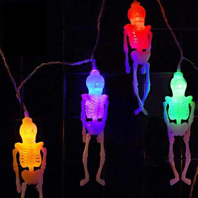Skeleton Lights Halloween String Lights – 10Ft 20LEDs Skeletons Halloween Lights Decoration, 2 Lighting Modes Battery-powered String Lights, Spooky Halloween Lights for Party Patio Indoor Outdoor