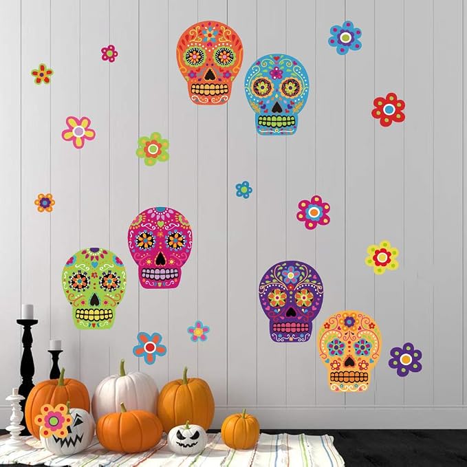 Halloween Colorful Sugar Skull Flower Wall Stickers Day of The Dead DIY Wall Decals for Party Room Decoration - skull sticker