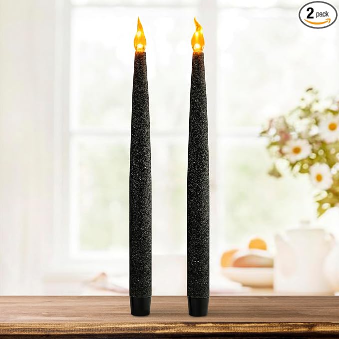 FURORA LIGHTING Black Glitter LED Taper Candles, 2-Pack with 6/18 Timer - skull candle