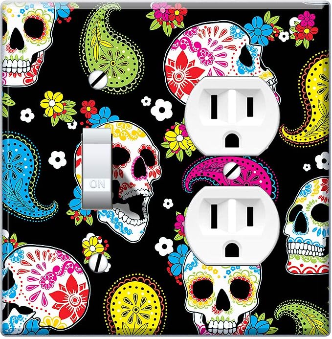 WIRESTER Double Gang-1 Duplex Outlet Cover and 1 Toggle Light Switch Plate/Wall Plate Cover - Colorful Sugar Skulls - skull plate