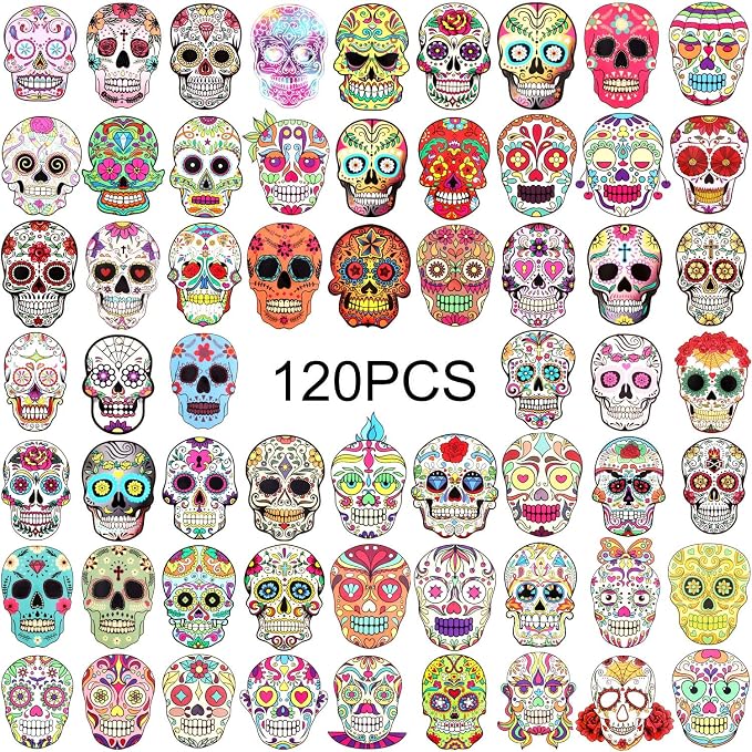 Gejoy 120 Pcs Halloween Skull Stickers Day of Dead Sugar Skull Decals - skull tshirt