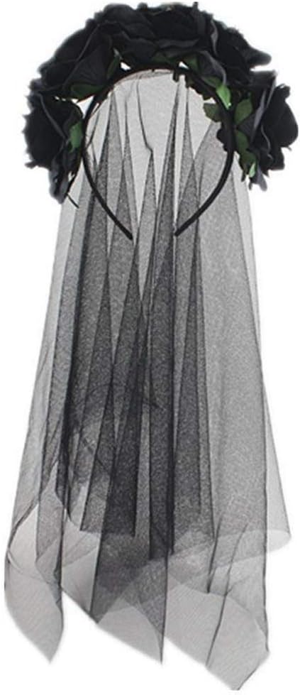 Lurrose Rose Floral Crown Veil Halloween Costume Mexican Headband Day of the Dead Headpiece for Festival Carnival Party (Black Pattern) - skull headband
