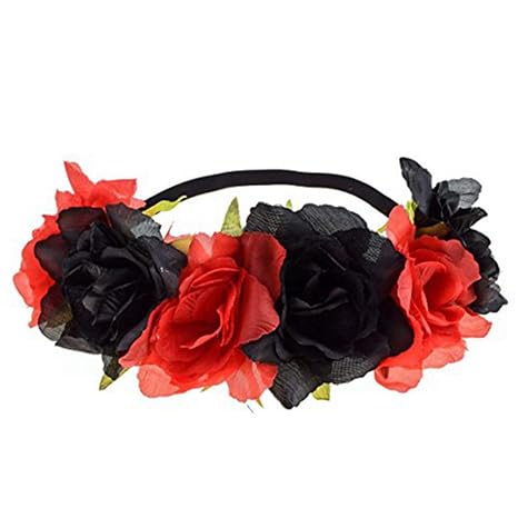 Halloween Rose Skull Headband Flower Crown Hair Bands Wreath Garland Floral Headpiece Women Leaf Hairband Hoops Party Decoration Cosplay Costume Festival Handmade Hair Accessories Black Red - skull wreath