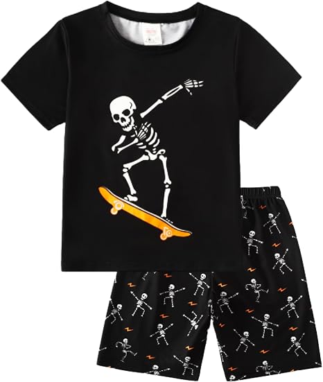 MyFav Boys Pajamas Sets Glow in Dark Summer Short Sleeve Sleepwear Skull Kids Pjs - skull pajamas
