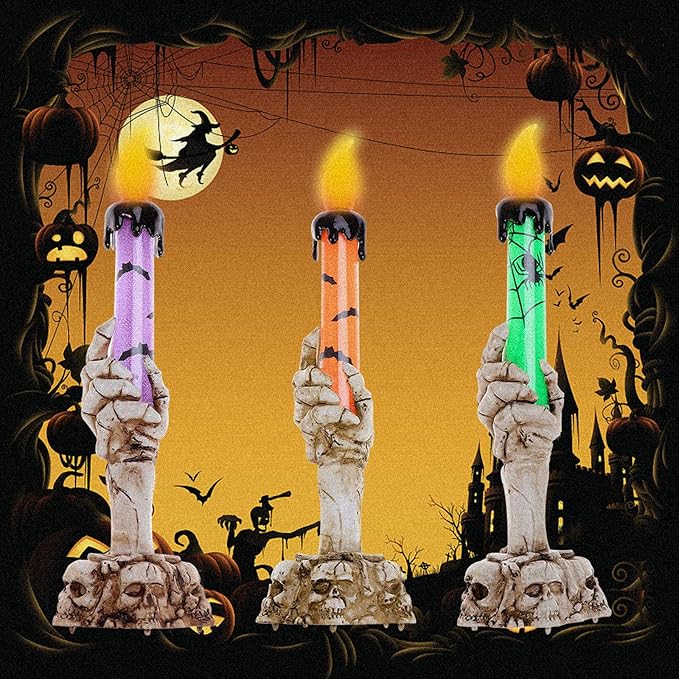 YBB 3 Pack Halloween Skeleton Hand Candle Holder Light, Skull Ghost Flameless Candle Lamp for Halloween Party Table Centerpiece Decoration (Green, Orange, Purple) - skull candle