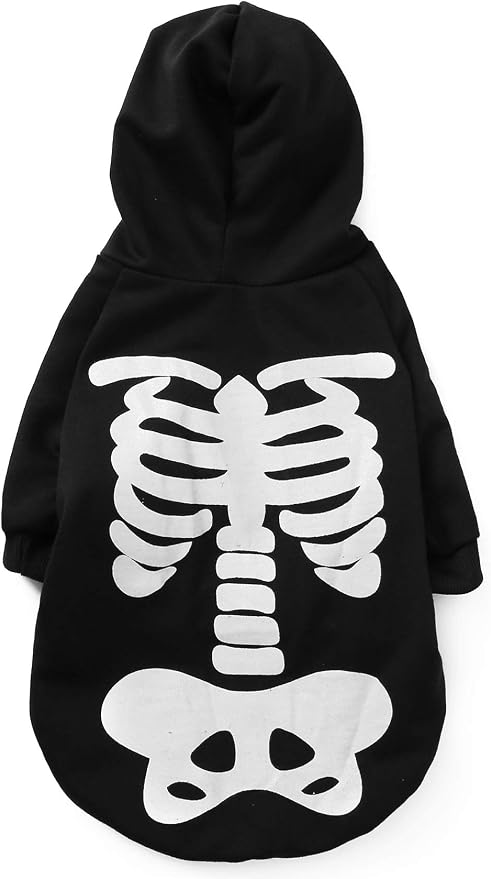 Halloween Pet Dog Cat Skull Hoodies Glowing Skeleton Bones Costume Outfit for Dogs Cats (M) - skull hoodie