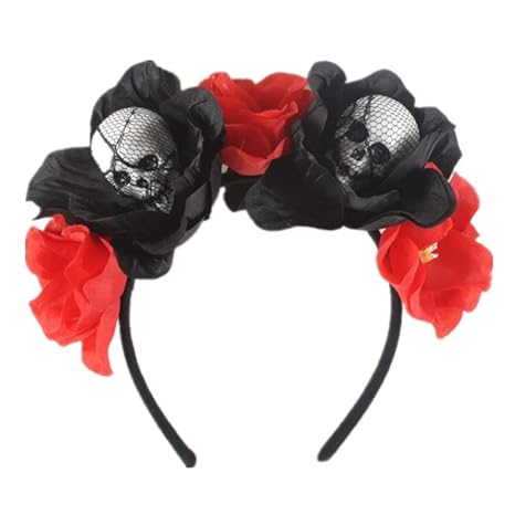 Halloween Rose Skull Headband Flower Crown Hair Bands Wreath Garland Floral Headpiece Women Leaf Hairband Hoops Party Decoration Cosplay Costume Festival Handmade Hair Accessories Black Skull