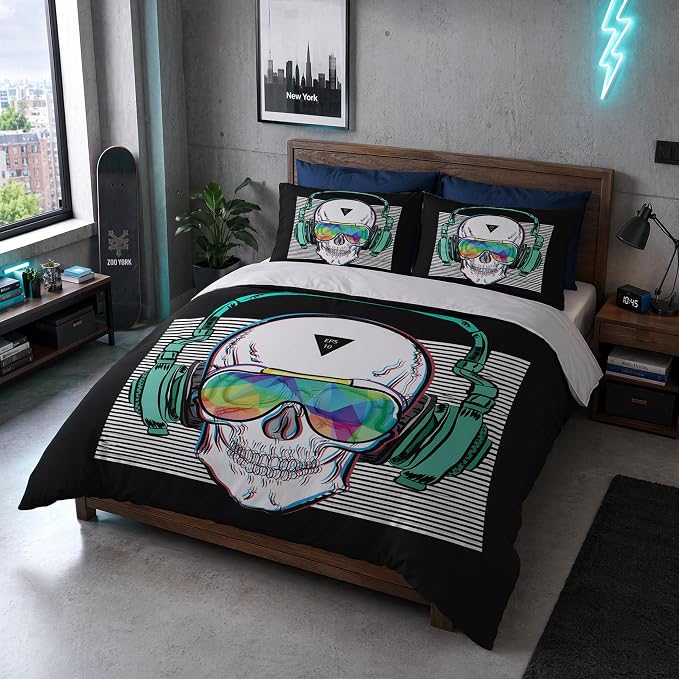 Music Skull Comforter Sets Twin Size Boys Girls Punk Rocker Skeleton Printed Soft Warm Bedding for All Season - skull bedding
