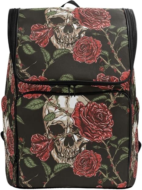 Naanle Trendy Skull Rose Floral Pattern Casual Daypack College Students Multipurpose Backpack Large Travel Hiking Bags Computer Bag for Men Women - skull backpack