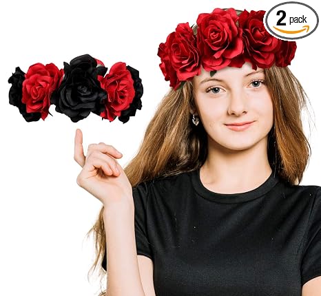 2PCS Rose Flower Crown Headband Costume - Day of The Dead Mexican Halloween Wedding Festival Headpiece - skull headband