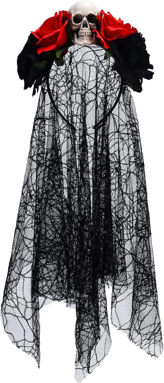 Blulu Halloween Veil Headband Day of the Dead Headband Rose Skull Veil - skull headband