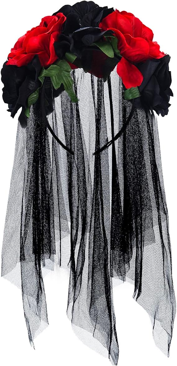 Blulu Day of the Dead Rose Headband Black Veil Halloween Costume Women - skull headband