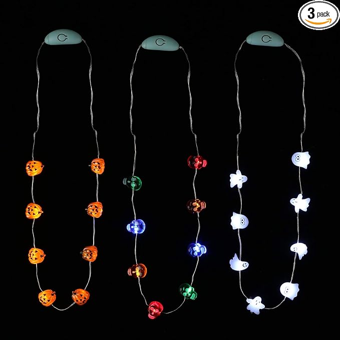 Halloween Eve Costume Party Accessories, Lighting Up LED Necklace Set of 3, Ghost, Jack O Lantern Pumpkin, Skull for Trick or Treating Door to Door Parade Procession - sugar skull costume