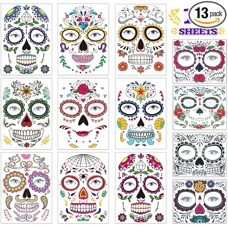 COKOHAPPY Halloween Temporary Face Tattoos Makeup Kit (13 Pack), Day of the Dead Sugar Skull Floral Black Skeleton Web Red Roses Full Face Mask Stickers Tattoo Families Party Supplies - sugar skull costume
