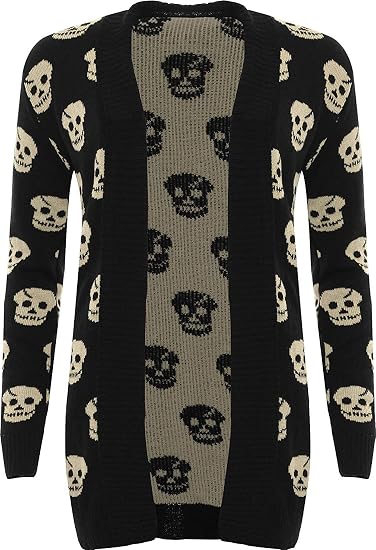 Girlzwalk Women's Ladies Knitted Skull Pattern Print Long Sleeve Open Cardigan - skull jacket