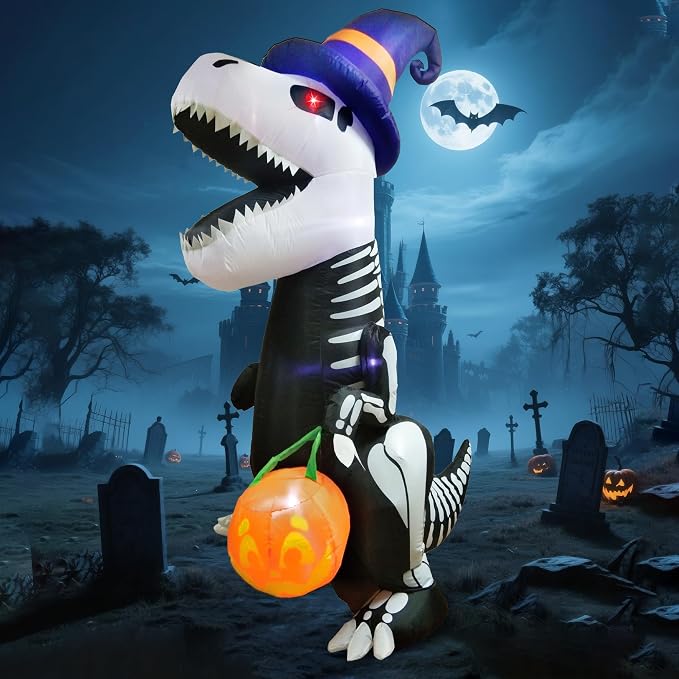 Joiedomi 8 FT Halloween Inflatable Skeleton Dinosaur with Pumpkin & Built-in LEDs, Halloween Blow Up Yard Decorations, Lighted Outdoor Dinosaur Skeleton for Garden, Lawn, Patio & Holiday Outside Decor - skull inflatable