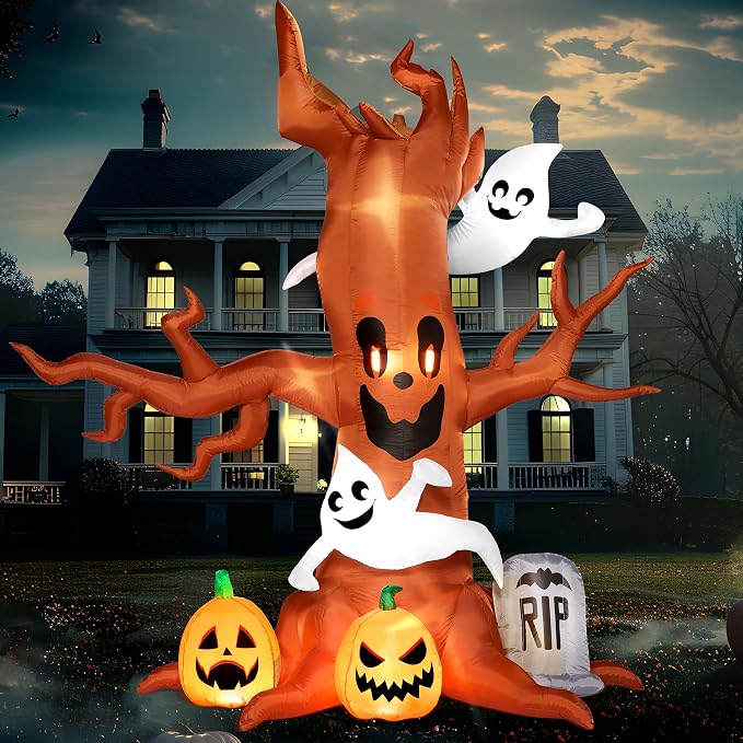Joiedomi 8FT Halloween Inflatable Scary Tree with Ghost Decor,Blow Up Inflatables with Build-in LEDs Pumpkin and Tombstone - skull inflatable