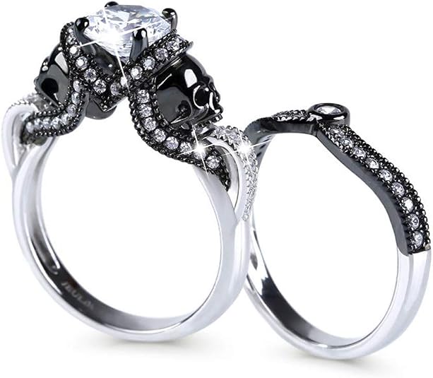 Jeulia 3.68 Carat Twist Skull Rings for Women Sterling Silver Two Tone Twist Band Rings White Diamond Bridal Ring Set Black Plated Engagement Promise Rings with Jewelry Gift Box - skull plate