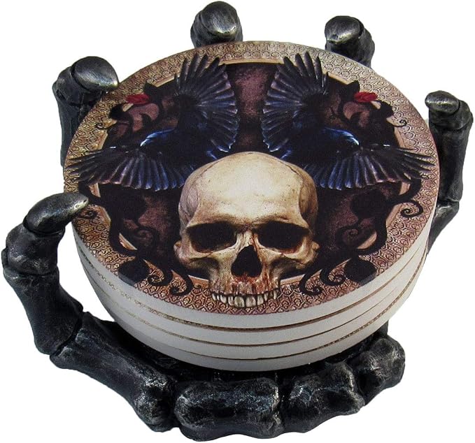 DWK - Helping Hand - Beautiful Gothic Skull Beverage Coasters with Creepy Skeleton Hand Holder for Halloween Home Kitchen Dining and Bar Décor Accent, 5.5-inch - skull ashtray