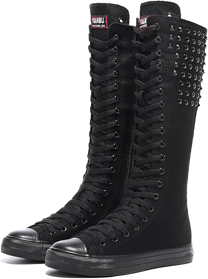 Momuk Long Rivet Knee High Canvas Boots Punk Style for Women & Girls - sugar skull boots