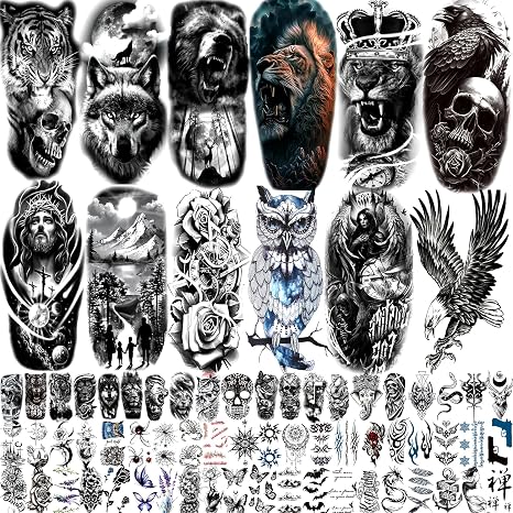 82 Sheets Temporary Tattoos Stickers, Fake Body Arm Chest Shoulder Tattoos for Men and Women, Halloween Temporary Tattoos Black Fake Skull Skeleton Tattoos for Halloween Cosplay - sugar skull makeup