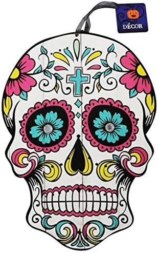 Halloween Decoration Day of The Dead Sugar Skull Hanging Wall Sign, 9.5x13 in (Cross) - skull wreath