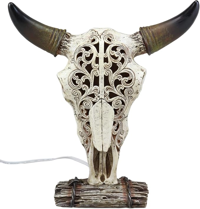 Ebros 12.5" Tall Southwest Aged Bone Tooled Filigree Lace Design Steer Bison Buffalo Bull Cow Horned Skull Head Night Light Lamp Centerpiece Side Table Decor Statue Skulls Western Accent Lighting - skull lamp