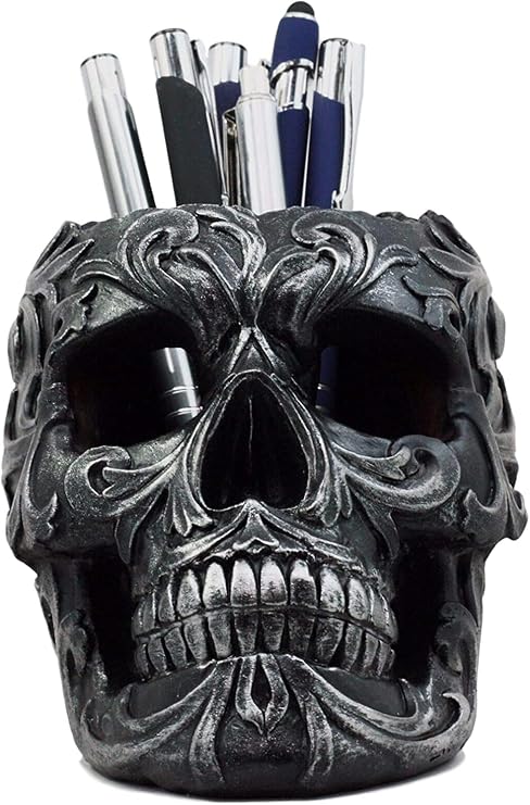 Ebros Gift Tribal Tattoo Floral Skull Pen Holder Figurine 5.75" L Office Desktop Ossuary Skulls Decor Cranium Skeleton Head Stationery Holder As Halloween Macabre Graveyard Spooky Decorative Statue - skull figurine