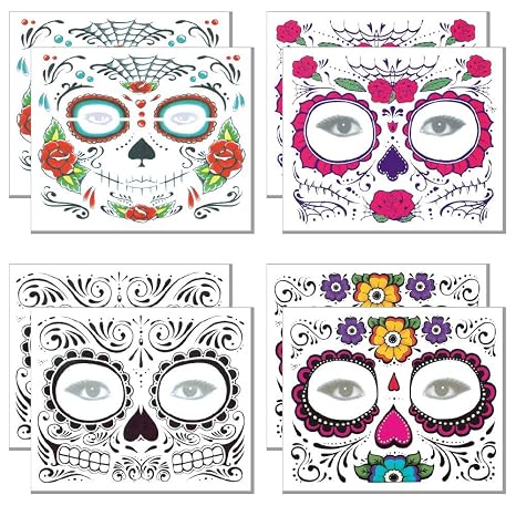 Day of the Dead Tattoo(8 PACK) Halloween Makeup Tattoos Decor Stickers Sugar Skull Temporary Face Tattoo for Halloween Masquerade Party(Floral, Glitter Roses, Web and Floral Skeleton) - sugar skull makeup