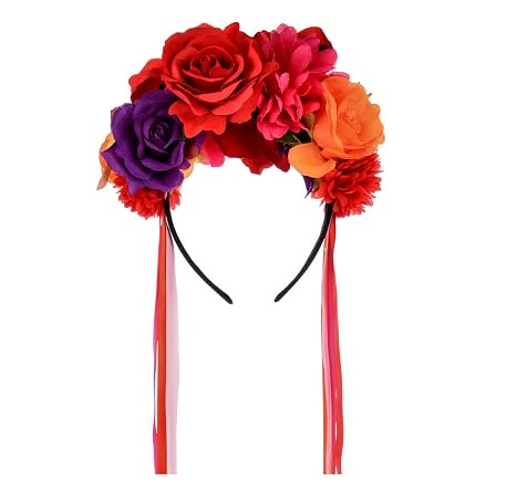 Floral Fall Women Day of the Dead Flower Crown Festival Headband Rose Mexican Floral Headpiece HC-23 (Red Purple) - skull wreath