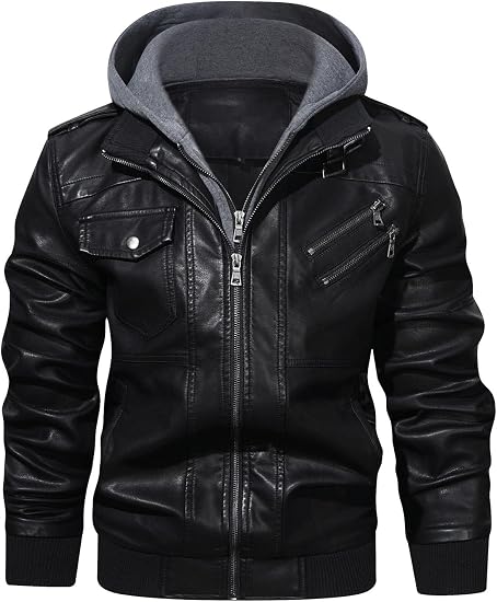 HOOD CREW Men’s Casual Stand Collar PU Faux Leather Zip-Up Motorcycle Bomber Jacket With a Removable Hood - skull jacket