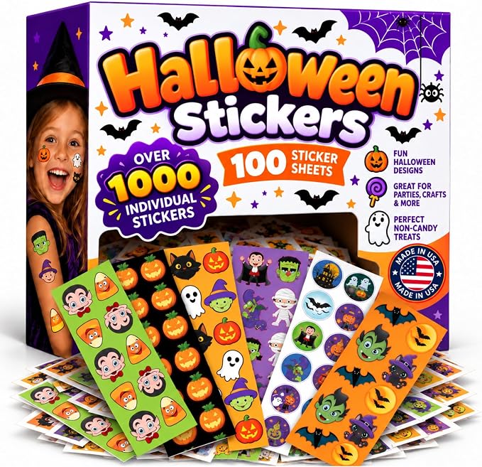 ArtCreativity 1000+ Assorted Halloween Stickers for Kids, 100 Bulk Stickers Sheets, Made in USA, Great for Halloween Party Favors, Treats, Décor, Goodie Bags, Great Gift for Kids - skull sticker