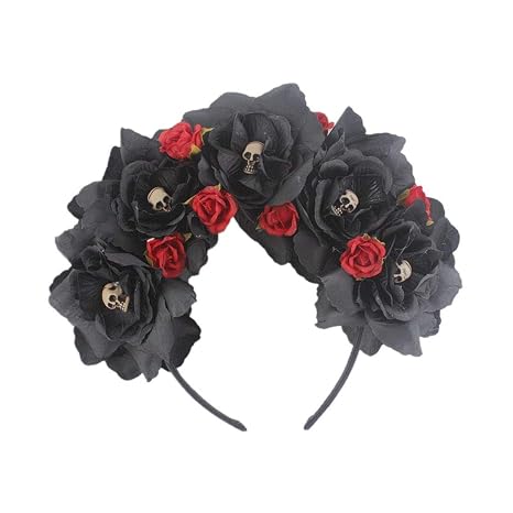 Floral Fall Women Day of the Dead Flower Crown Festival Headband Rose Mexican Floral Headpiece HC-23 (Black Rose) - skull headband