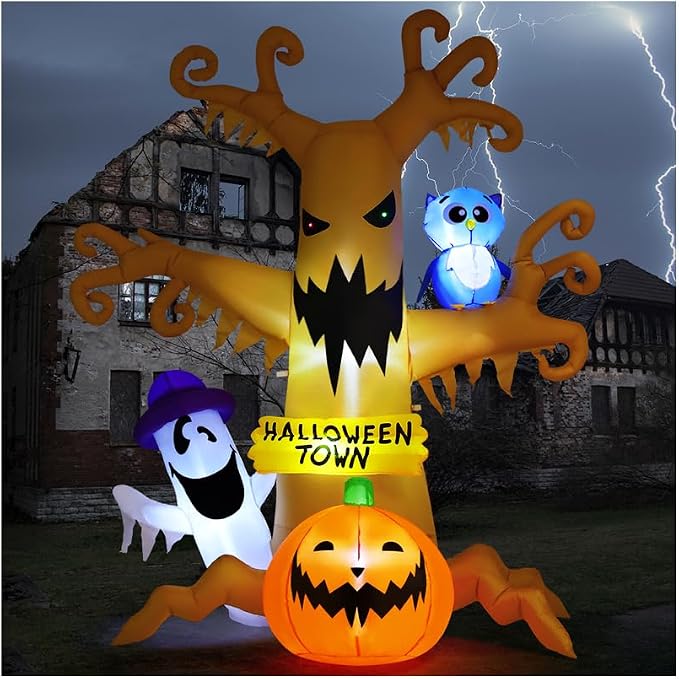 GOOSH 8 FT Halloween Inflatables Dead Tree Outdoor Decorations with Owl Ghosts and Pumpkins, Blow Up Yard Decorations with Built-in LED Lights for Outdoor Party Garden Lawn Decor