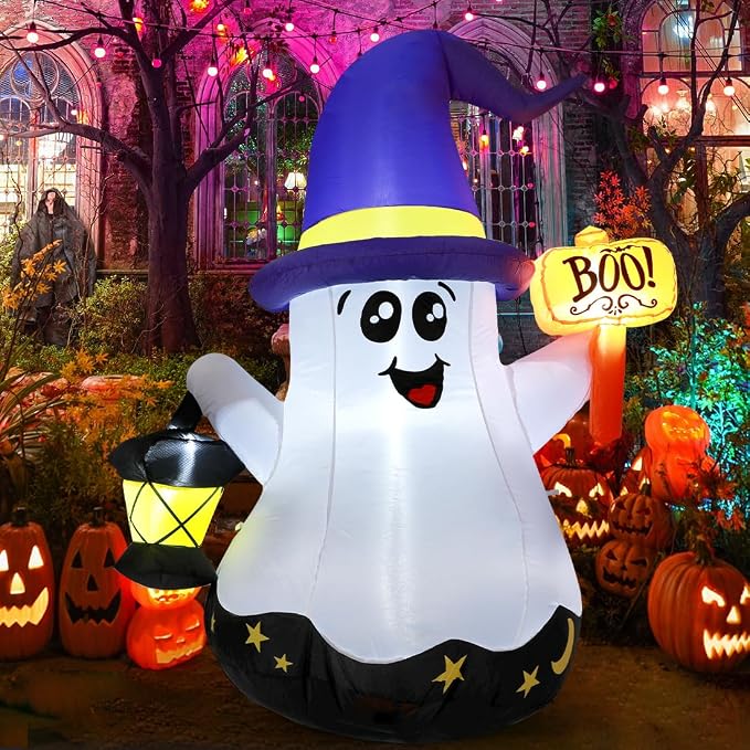 GOOSH 5 FT Halloween Inflatables Ghost Outdoor Decorations Blow Up Yard Cute Wizard Ghost with Hand-Held Light with Built-in LEDs for Garden Lawn Indoor Party Decor - skull inflatable