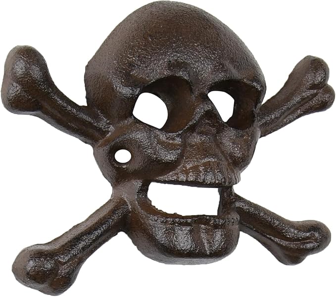 Skull Crossbones Wall Mount Bottle Opener - Metal Cast Iron Beer Cap Tool - Rustic Wall Decor for Home, Kitchen, Bar or Man Cave - Skeleton Gifts for Men, Dad, Grandpa - Pirate Accessories 3"x5" Brown - skull bottle