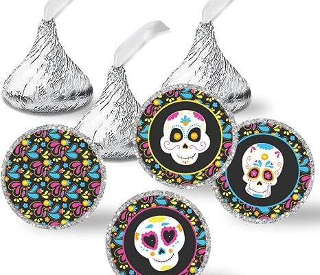 Day of the Dead Stickers, 324 Count 0.75 Inch Candy Labels, Tiny Sugar Skull Stickers for Halloween Treats and Chocolate Kisses, Made in USA by Amanda Creation