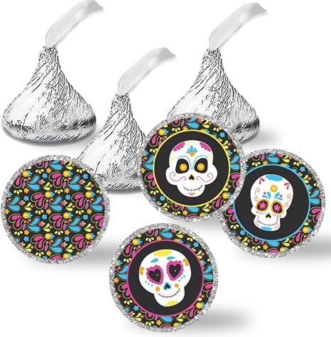 Day of the Dead Stickers, 324 Count 0.75 Inch Candy Labels, Tiny Sugar Skull Stickers for Halloween Treats and Chocolate Kisses, Made in USA by Amanda Creation - sugar skull handbags for sale