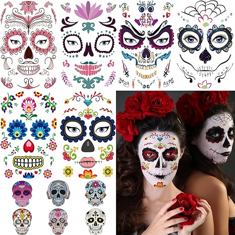 12 Sheets Halloween Face Tattoos Day of the Dead Face Sugar Skull Tattoos, Including 6 Large Sheets Halloween Sugar Skull Temporary Face Tattoos - sugar skull makeup