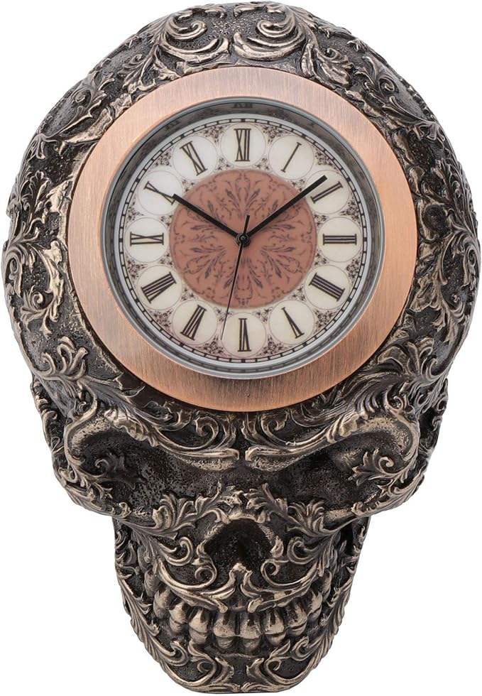 Veronese Design 1.5 Inch Decorative Flat Skull Clock Antique Bronze Finish Solid Tabletop Statue - skull figurine