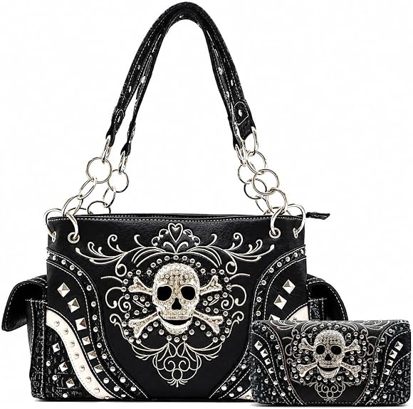 Western Trendy Rhinestone Gothic Skull Purse and Wallet Set for Women - sugar skull handbags for sale