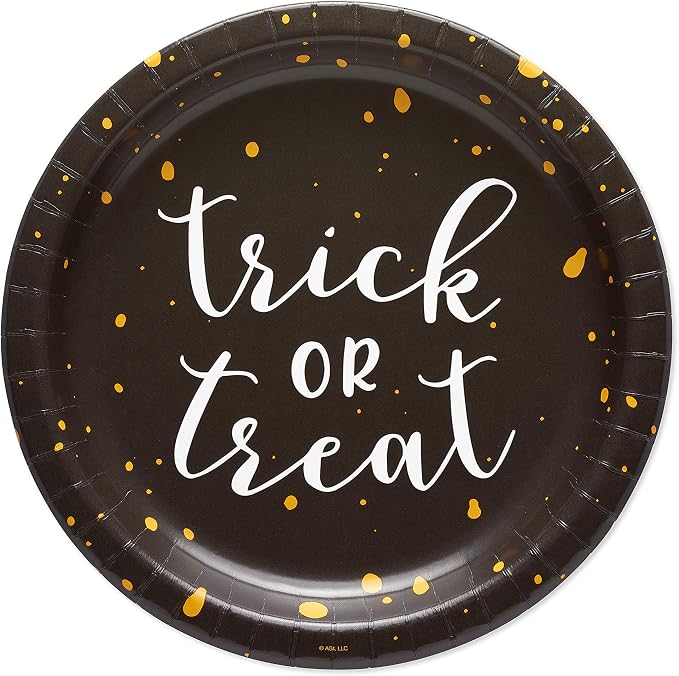 American Greetings Halloween Paper Dinner Plates (36-Count, 9 in. Round) Black and White Trick-or-Treat Disposable Plates, Halloween Party Supplies - skull plate