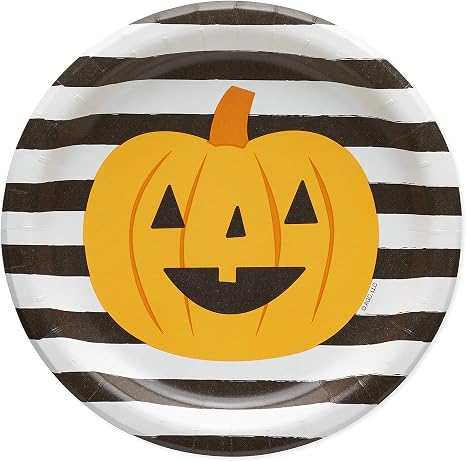 American Greetings Halloween Paper Dessert Plates (36-Count, 7 in. Round) Striped Pumpkin Jack-O'-Lantern Disposable Plates, Halloween Party Supplies - skull plate