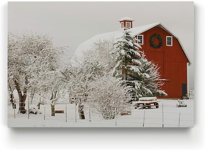 Renditions Gallery Vintage Abstract Prints for Home Decor Red Snowy Barn Christmas on the Farm Wall Hanging Picture & Prints for Bedroom Dining Living Room Office Home Kitchen Decor - 24"X36" LT18 - skull wall art